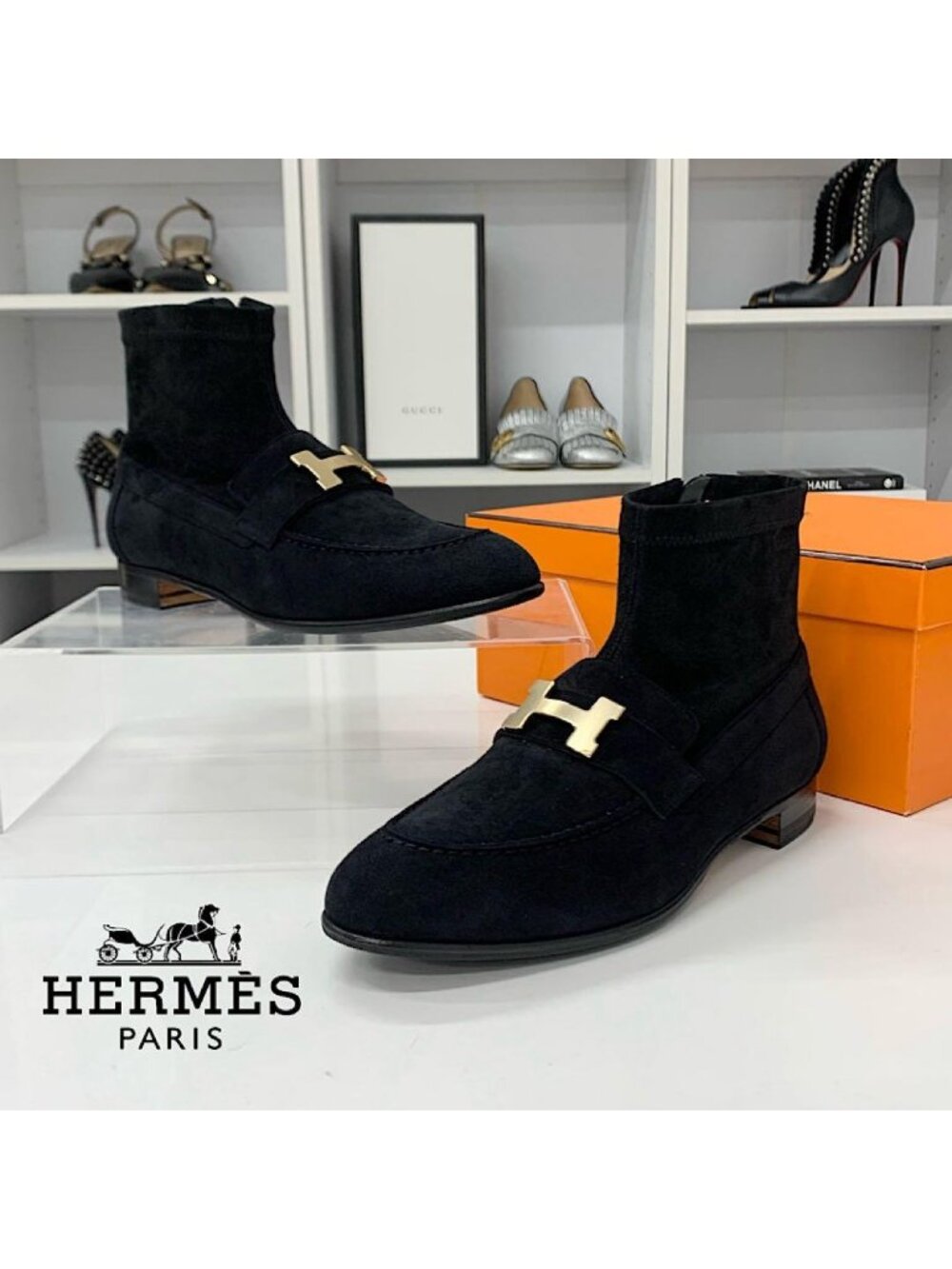 Hermes Saint Honore Suede H Short Boots Black